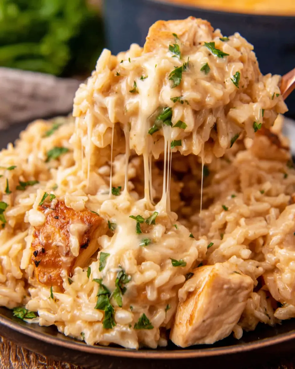 Creamy Garlic Chicken Rice Bake close up