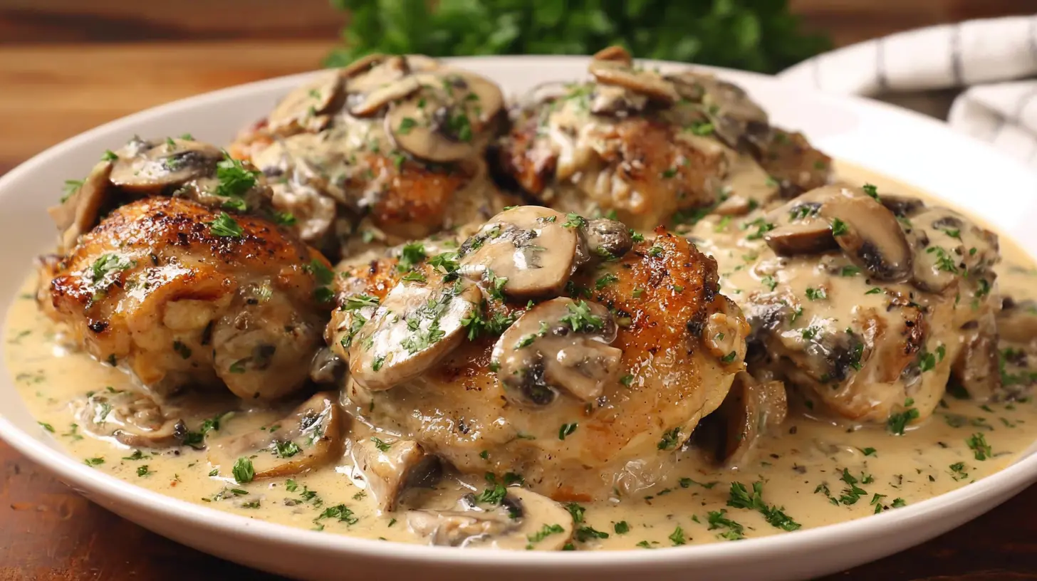 Creamy Garlic Mushroom Chicken served over mashed potatoes