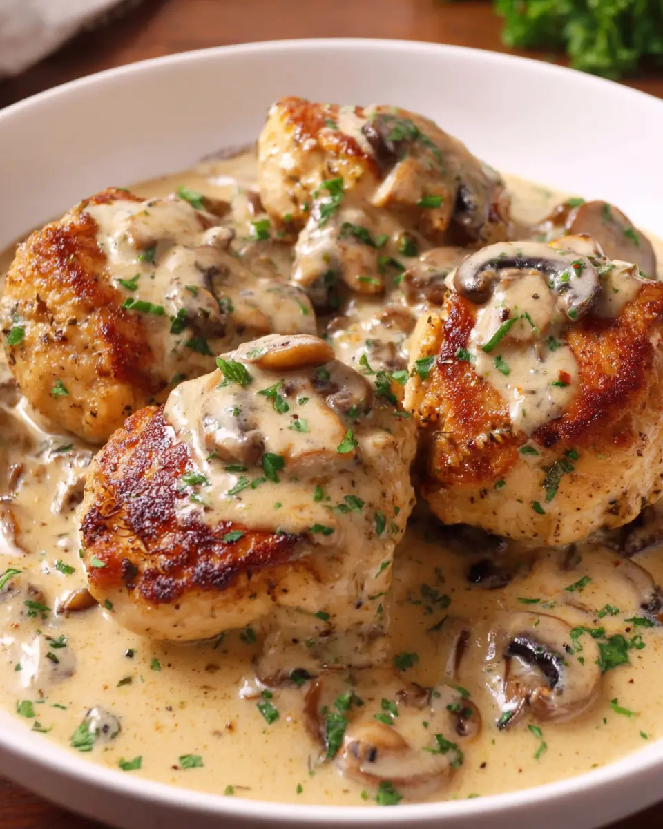 Creamy Garlic Mushroom Chicken close up showing sauce and herbs