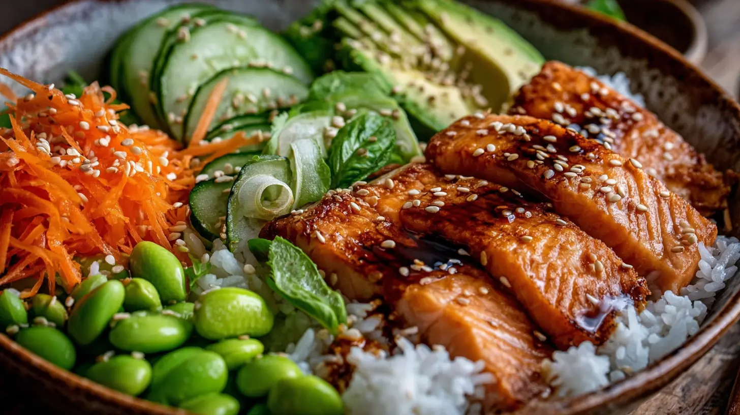 Beautifully presented Crispy Fish Rice Bowl with sauce drizzled on top