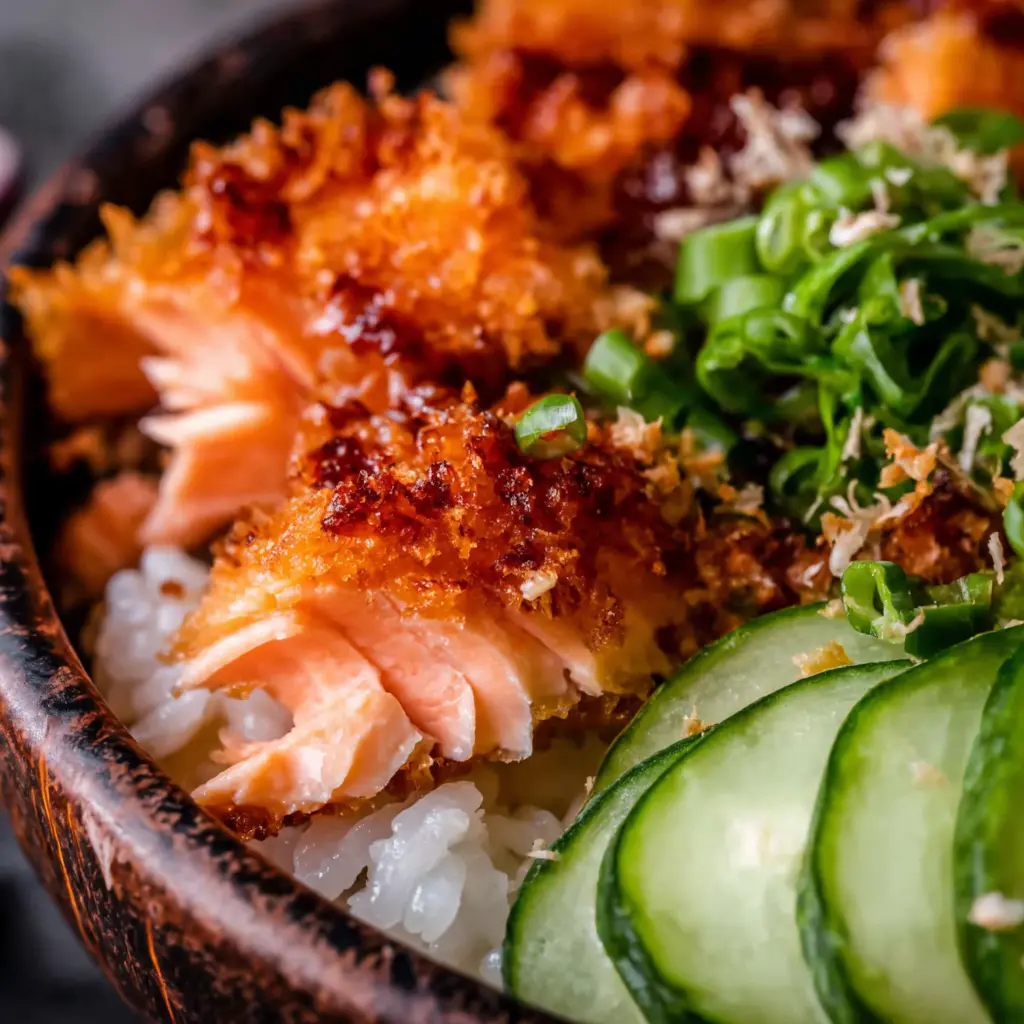 Close up of crispy salmon crust and fresh vegetables in a bowl