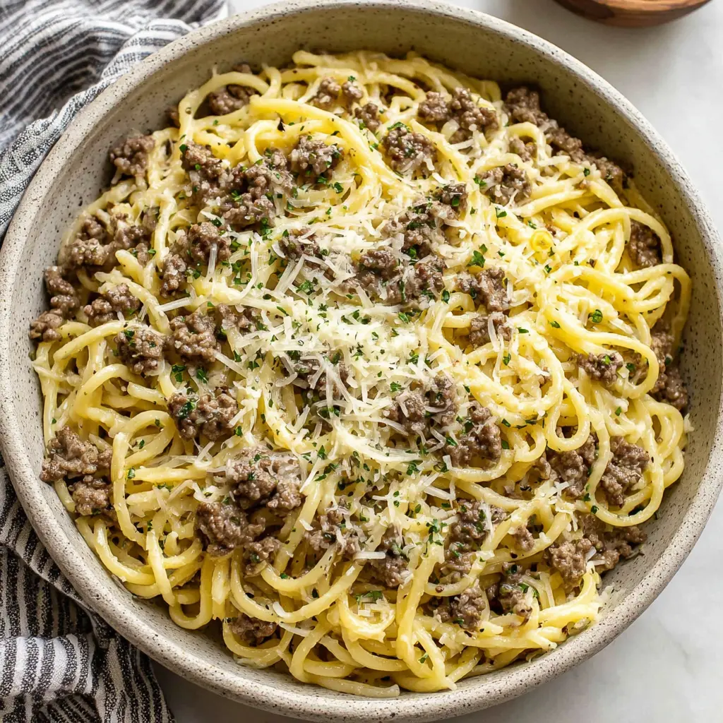 Garlic Butter Beef Noodles close up