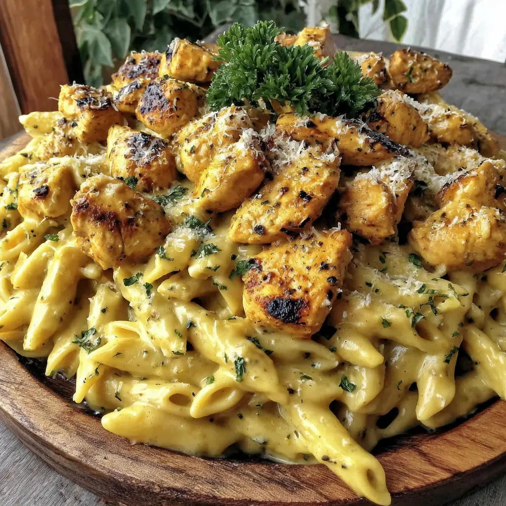 Garlic Butter Chicken Alfredo Rice final presentation