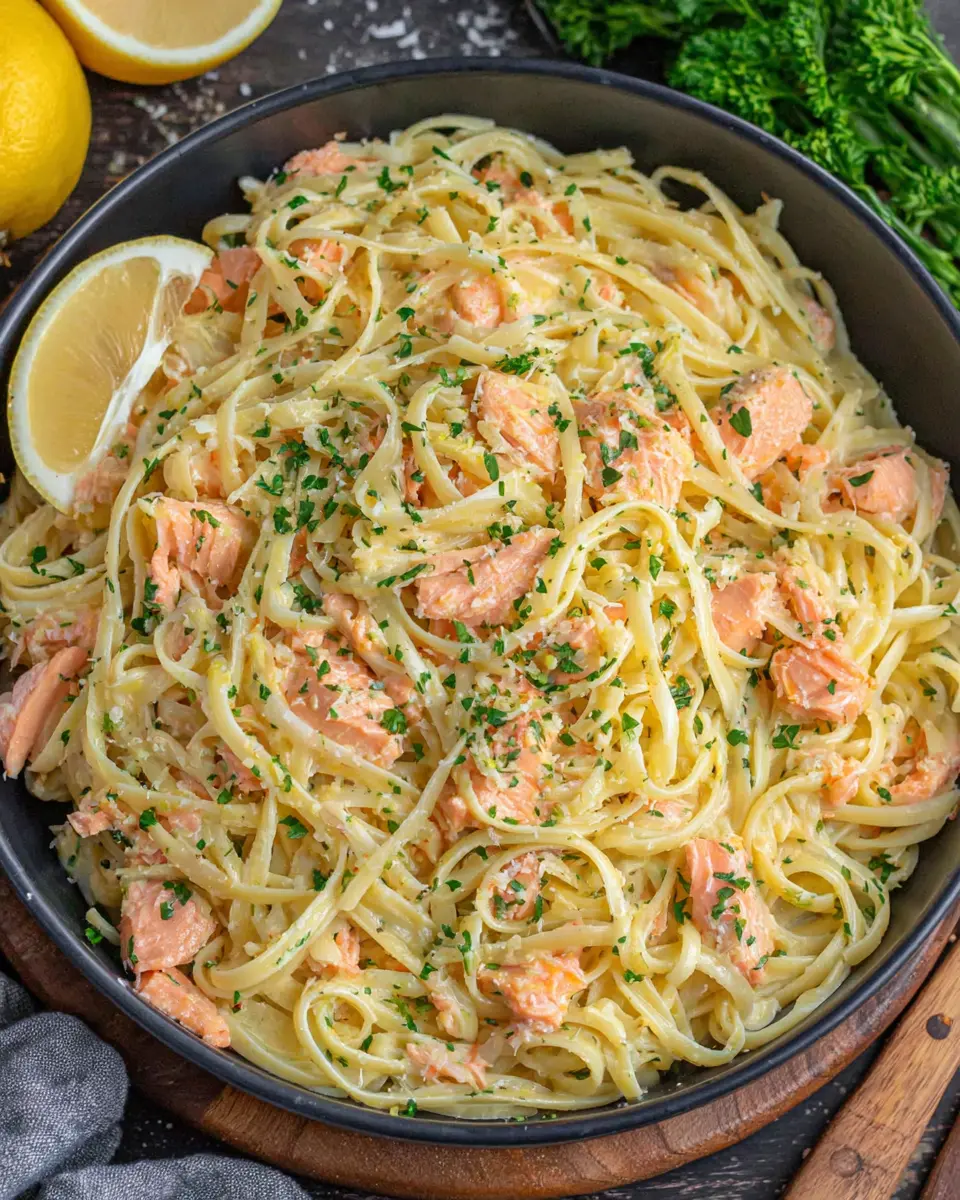 Garlic Butter Salmon Pasta close up