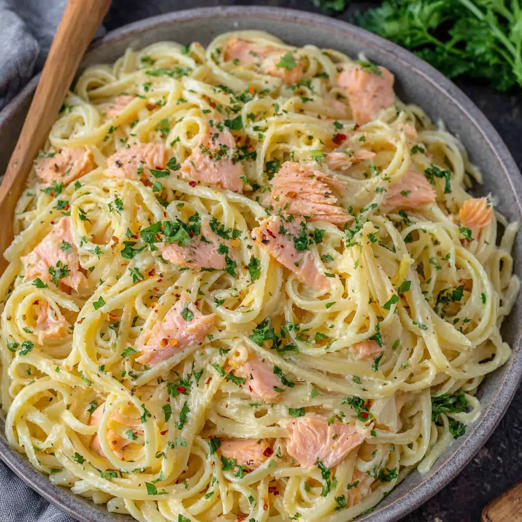 Garlic Butter Salmon Pasta final presentation