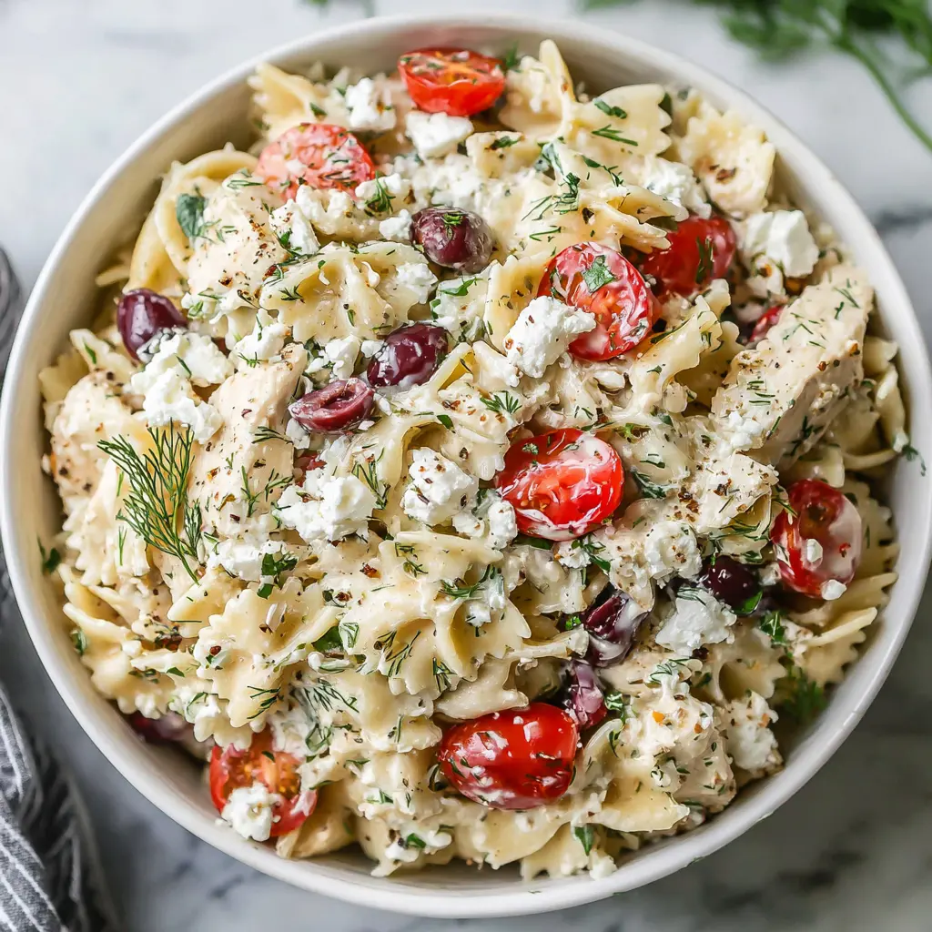 Greek Chicken Pasta Salad close up