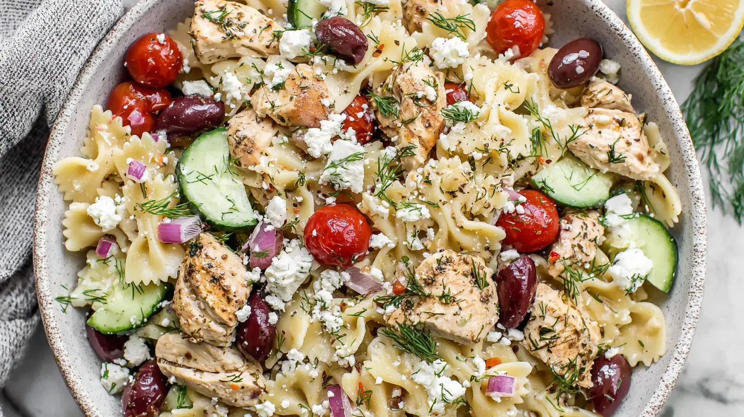 Greek Chicken Pasta Salad final presentation