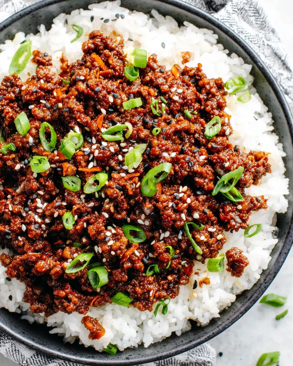 Honey Garlic Beef Rice Bowl close up