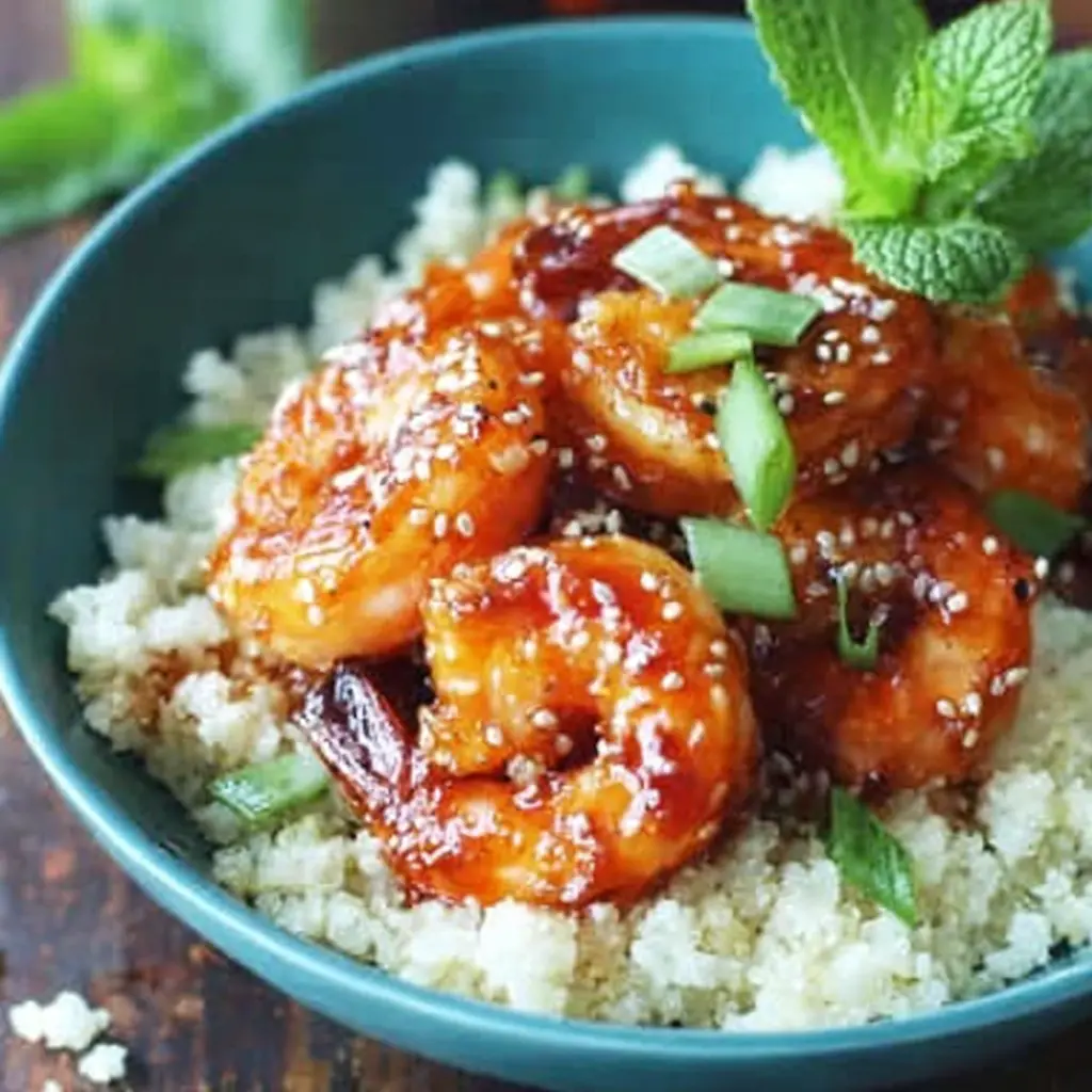 Honey Sriracha Shrimp Bowl close up