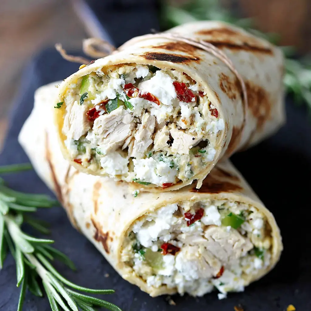 Mediterranean Chicken Hummus Wrap close up showing layers