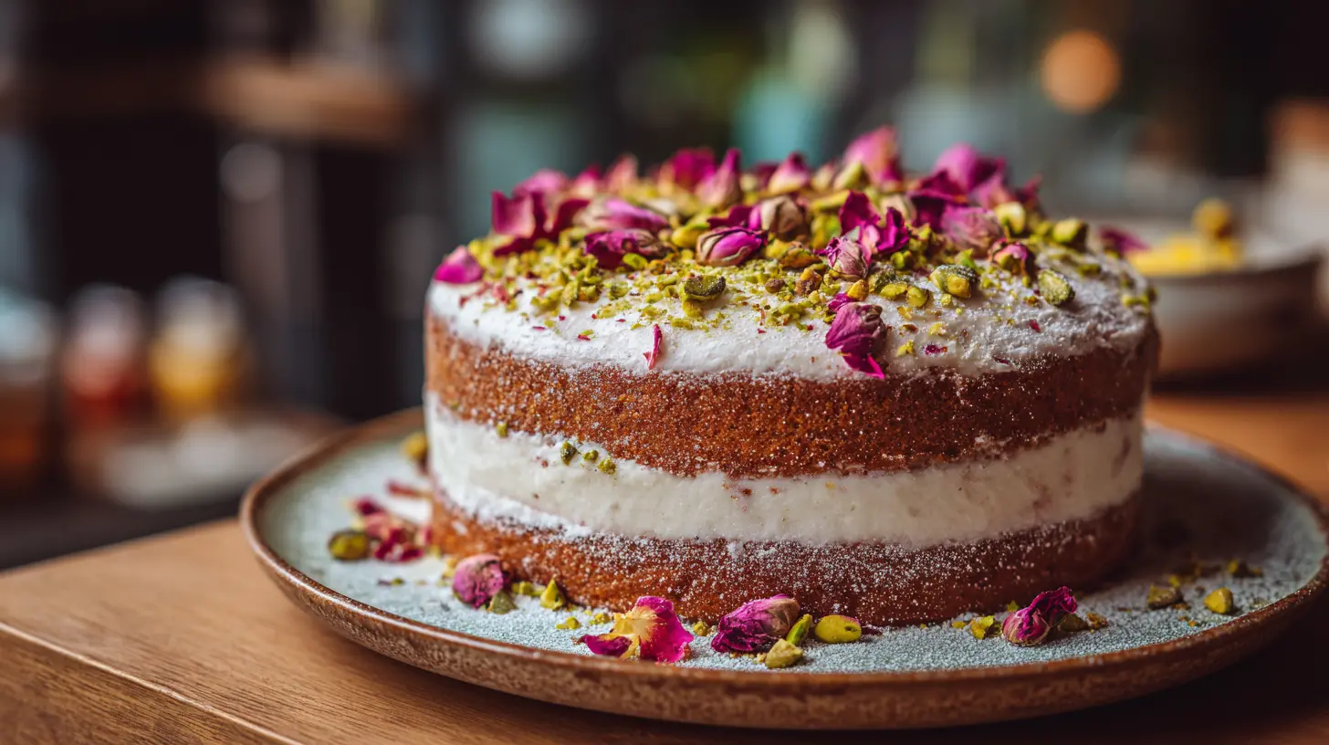 Pistachio Rose Cake final presentation