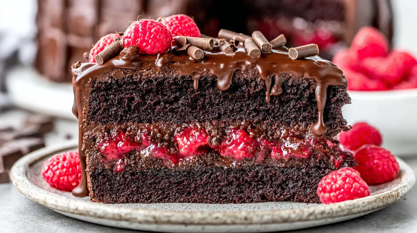 Raspberry Chocolate Layer Cake final presentation