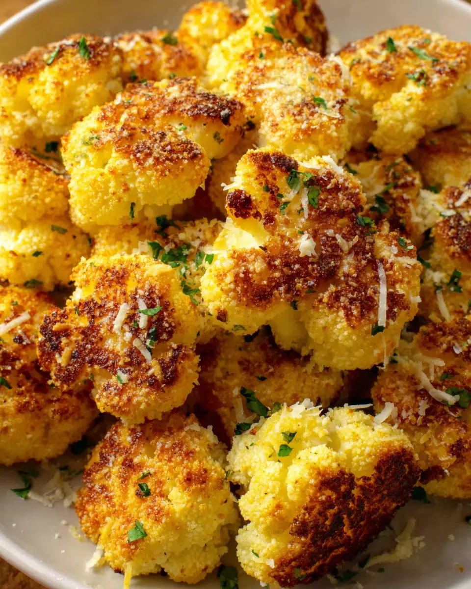 Close up of crispy parmesan coating on cauliflower