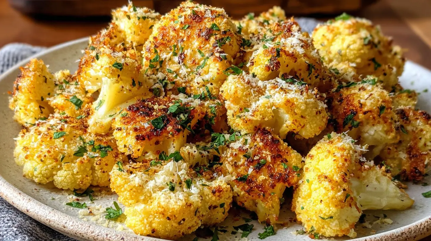 Roasted Parmesan Cauliflower Bites served on a platter with dipping sauce