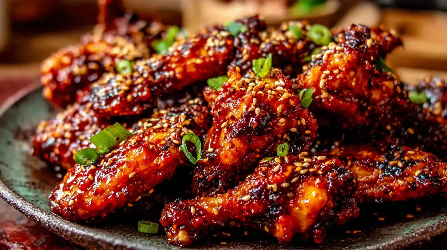 Spicy honey chicken wings served on a platter with dipping sauce