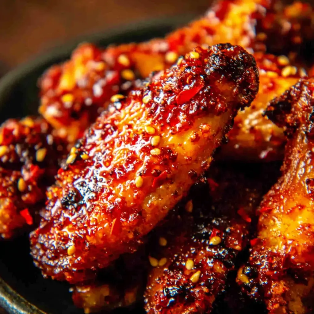 Spicy Honey Chicken Wings close up showing crispy skin and glaze