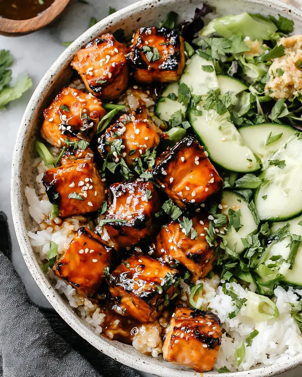 Spicy Honey Garlic Salmon Bowl close up