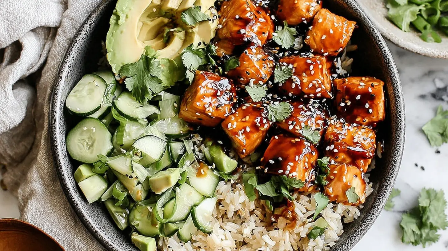 Spicy Honey Garlic Salmon Bowl final presentation