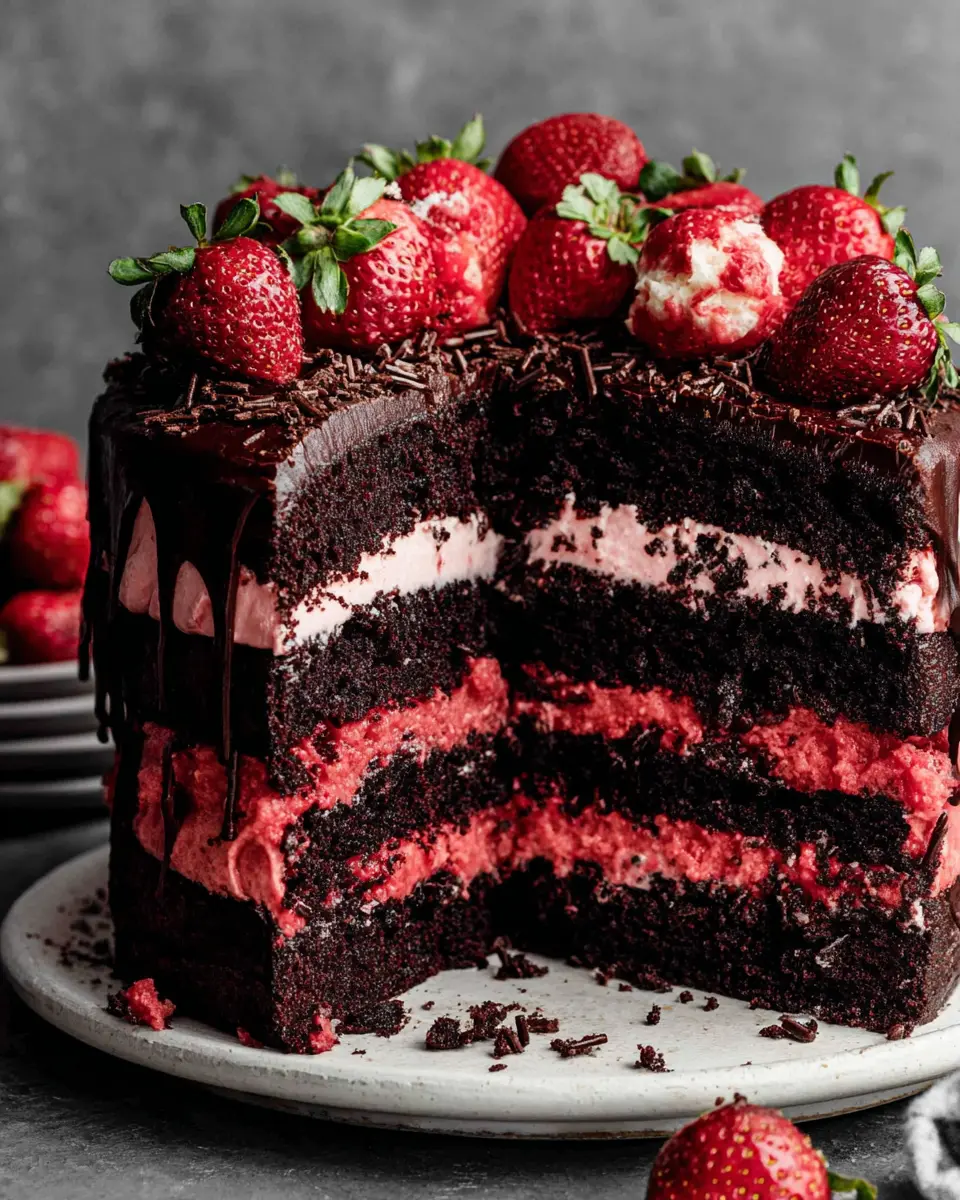 Strawberry Chocolate Layer Cake close up showing layers