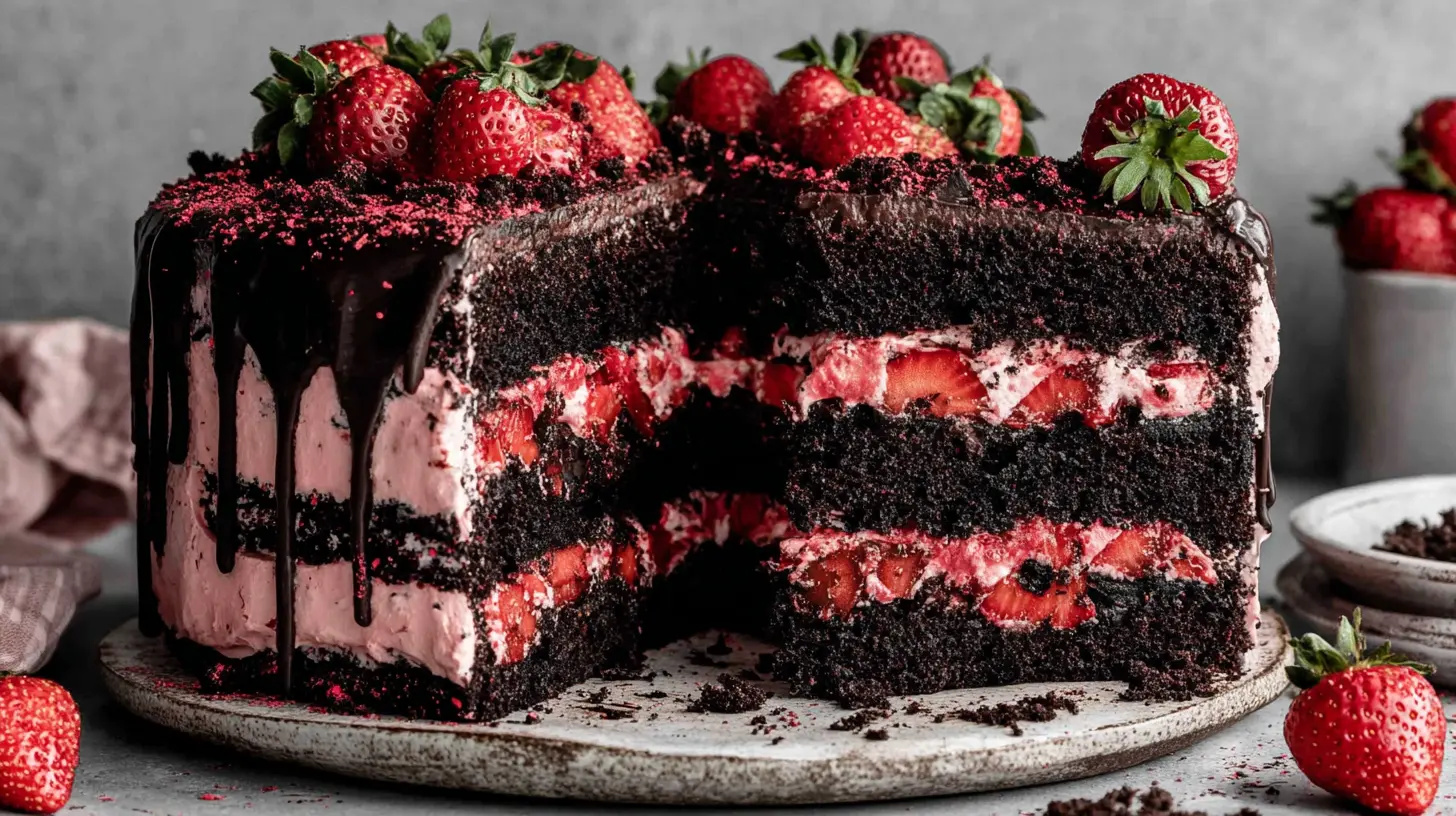 Strawberry Chocolate Layer Cake final presentation on a stand