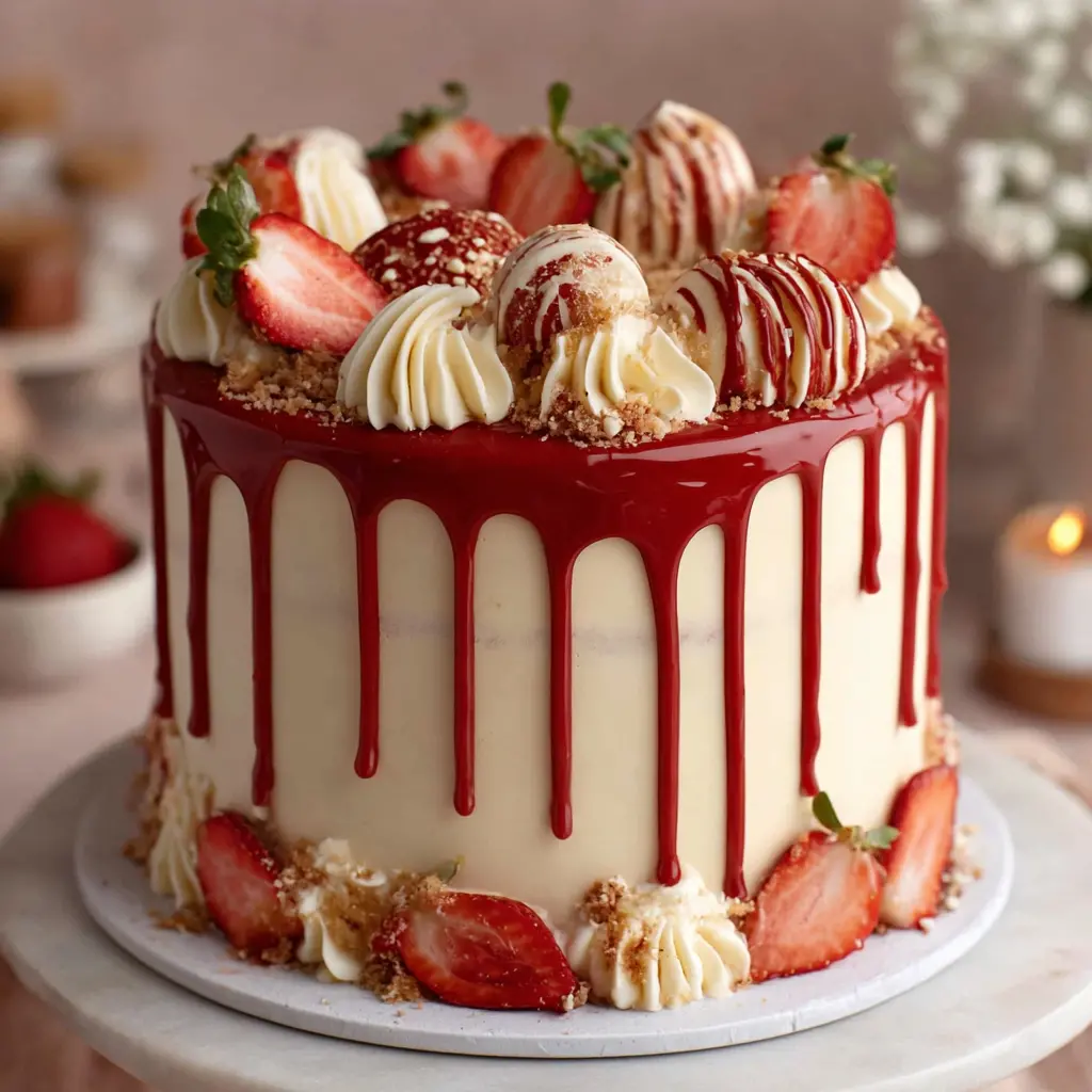 strawberry lemon drip cake close up