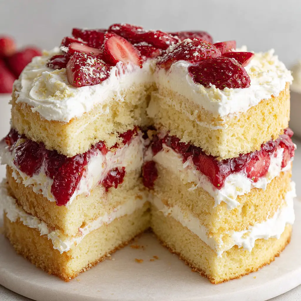 vanilla strawberry cream cake close up