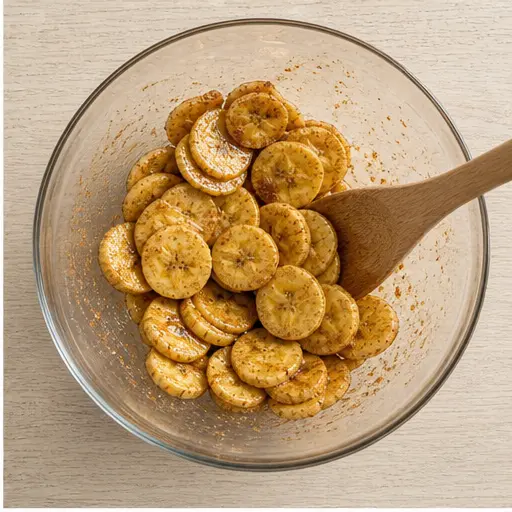 Step 2: Coating banana slices with coconut oil and cinnamon sugar