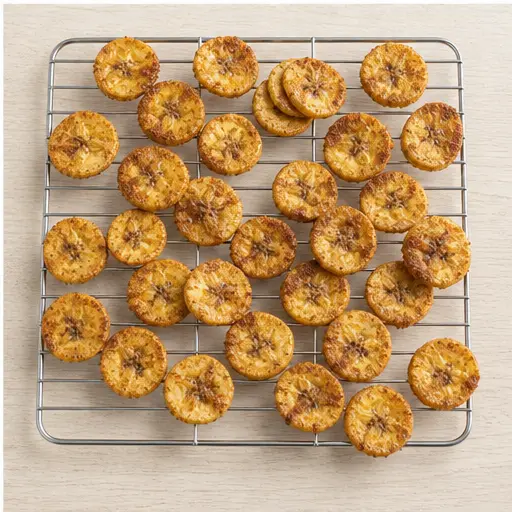 Step 4: Cooling finished golden-brown banana chips on a wire rack