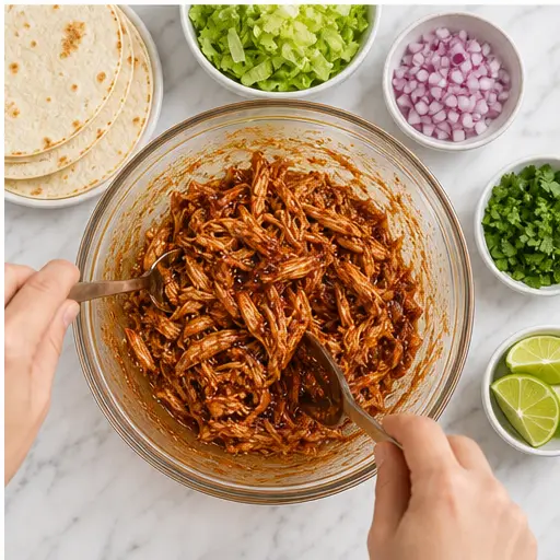 Step 4: Coat the shredded chicken in sauce