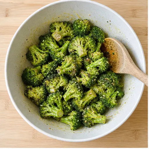 Step 1: Tossing raw broccoli with oil and seasonings