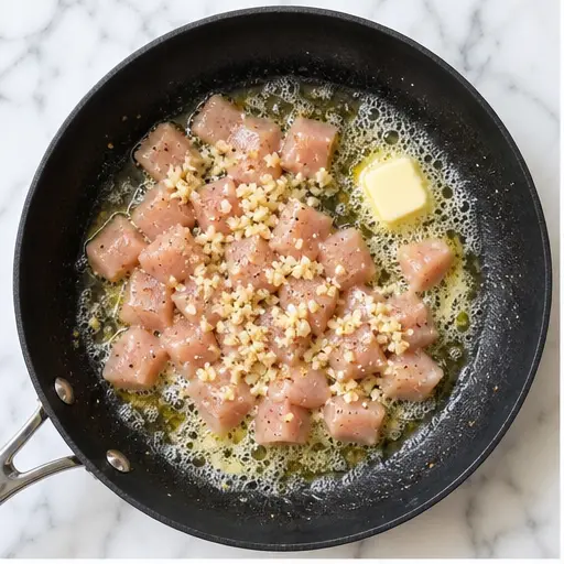 Step 1: Sautéing garlic and chicken in butter