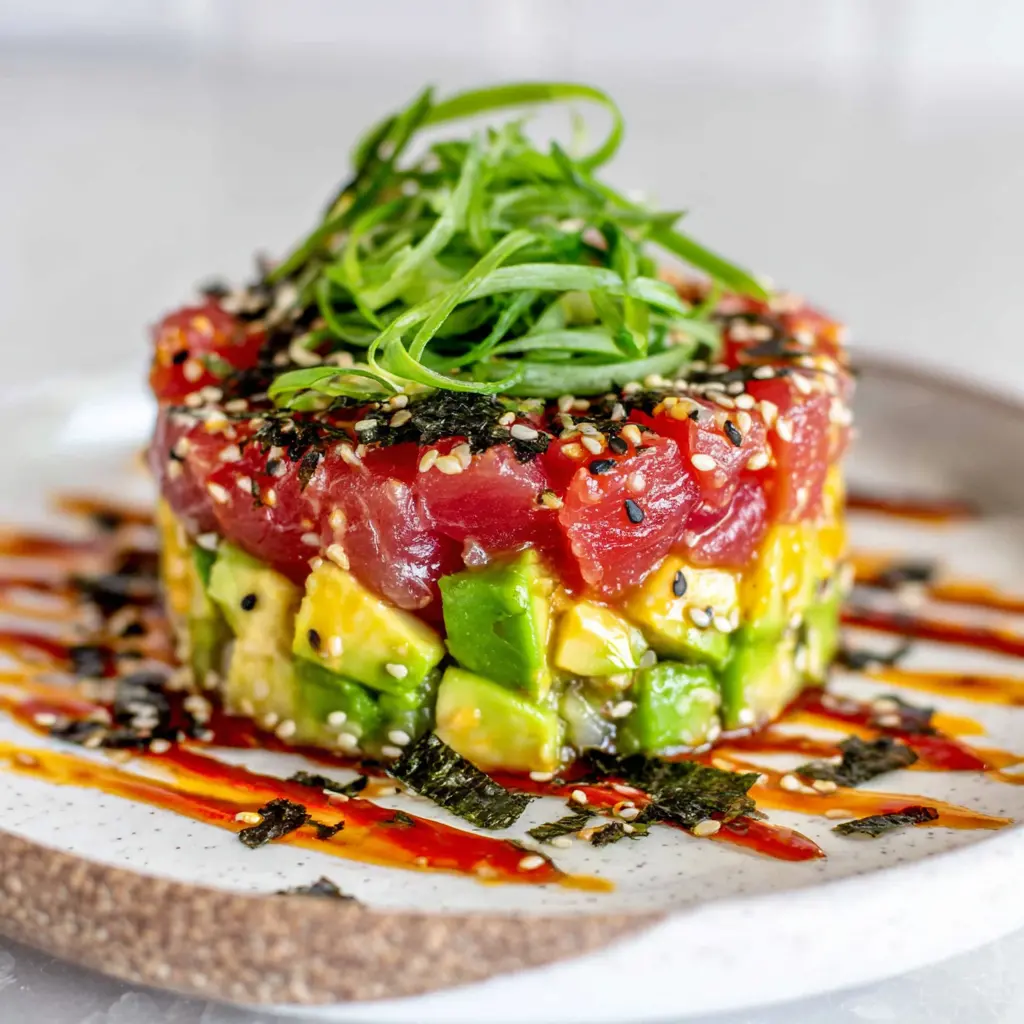avocado tuna sushi stack - final presentation
