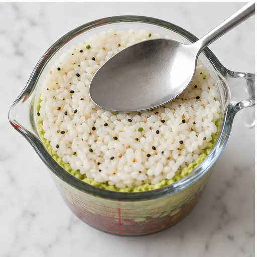 Step 3: Pressing the avocado and rice layers
