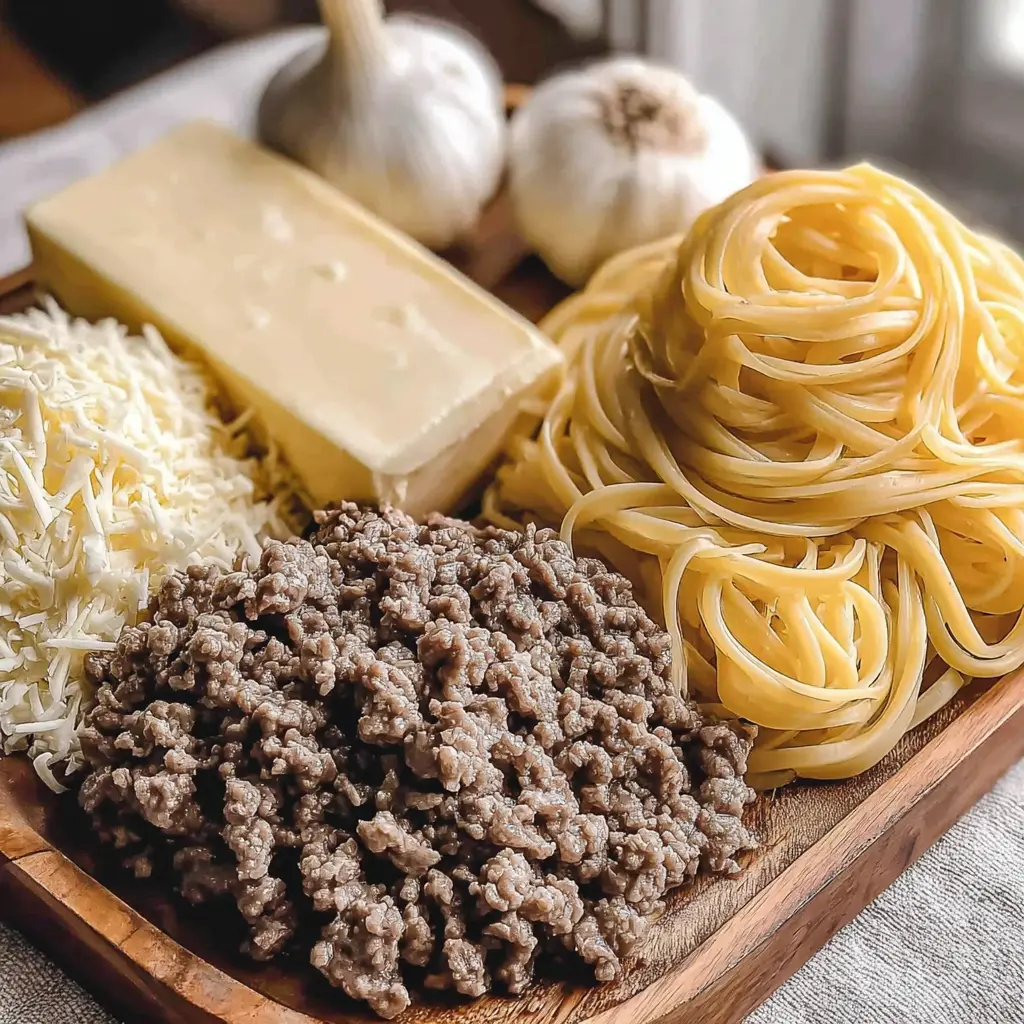 beef garlic butter pasta bowl - main ingredients