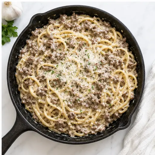 Step 4: Tossing cooked pasta and beef with the finished sauce