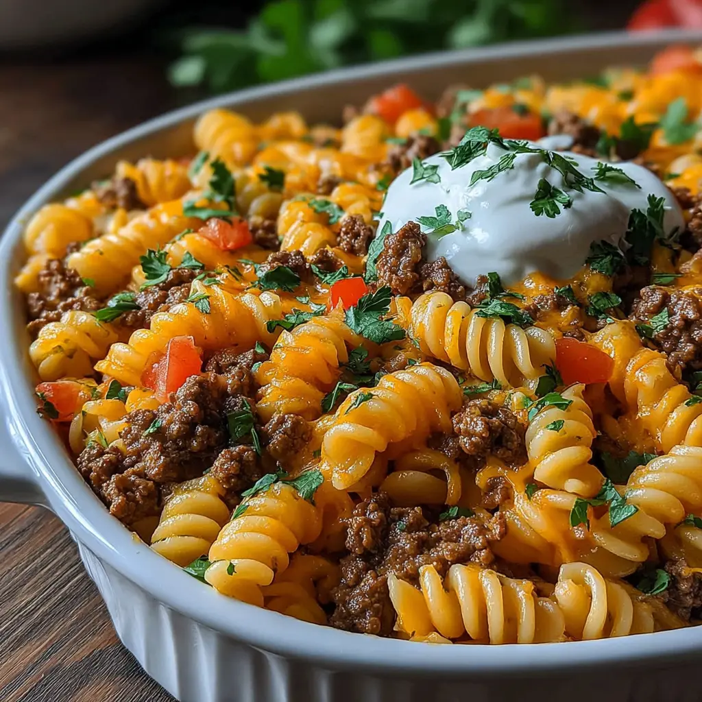 beef taco pasta bake - final presentation