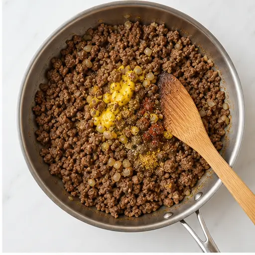 Step 2: Seasoning cooked beef with mustard and spices
