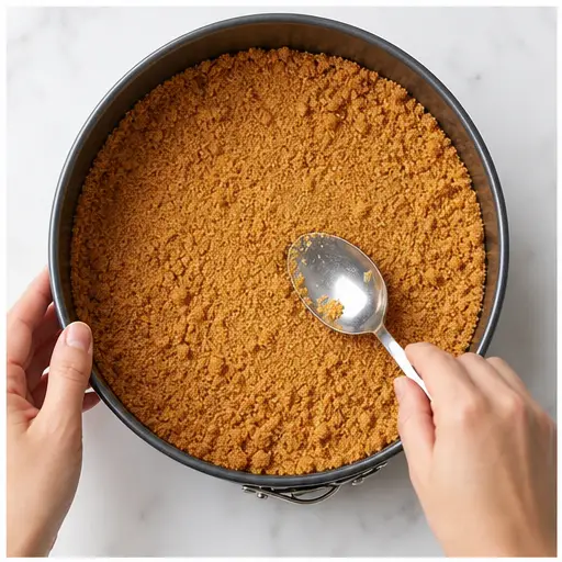 Step 1: Pressing graham cracker crust into pan