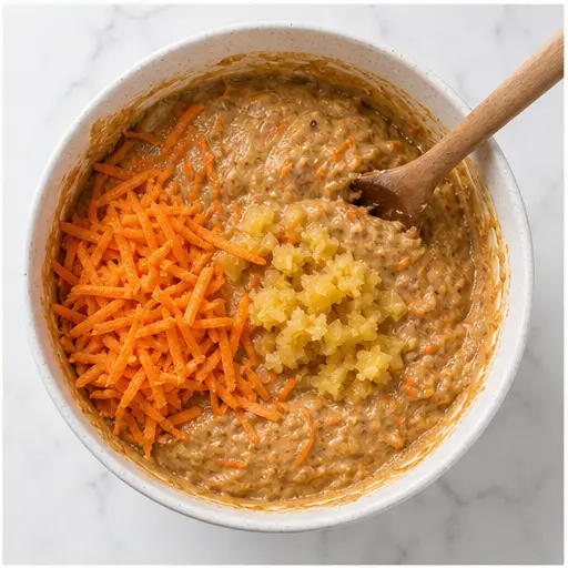 Step 2: Folding shredded carrots and pineapple into carrot cake batter