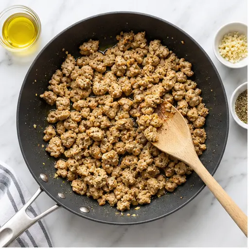 Step 1: Cooking ground chicken in olive oil