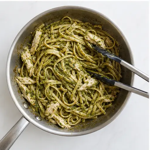 Step 3: Tossing pesto with pasta and chicken