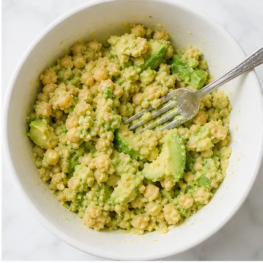 Step 2: mashing chickpeas with avocado into a chunky spread