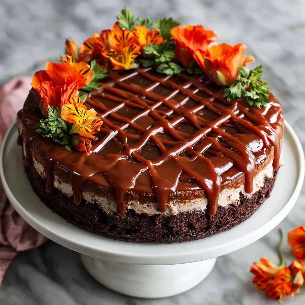 chocolate caramel cheesecake cake - final presentation