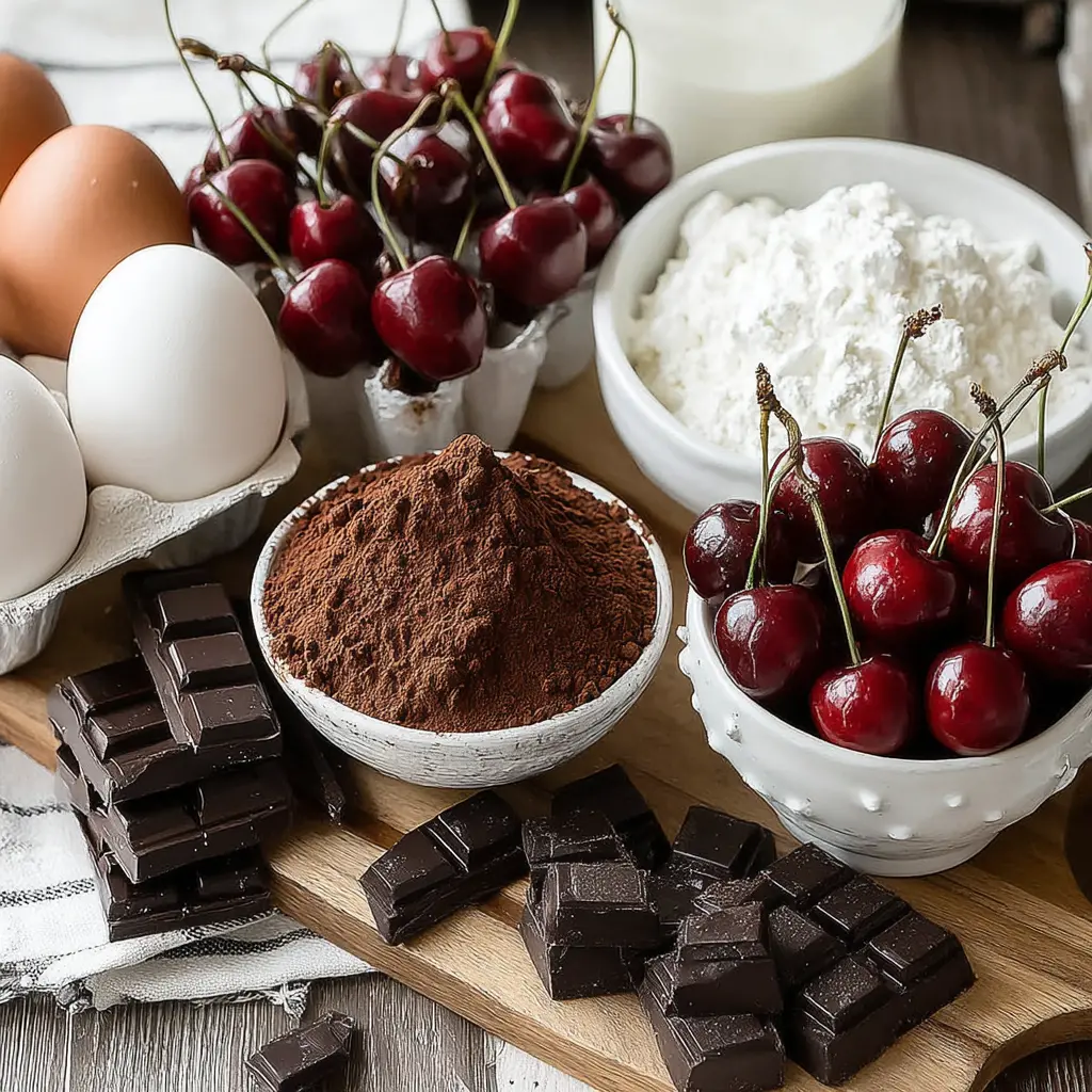 chocolate cherry layer cake - main ingredients