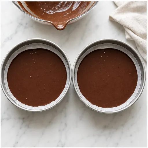 Step 2: Pouring batter into prepared cake pans