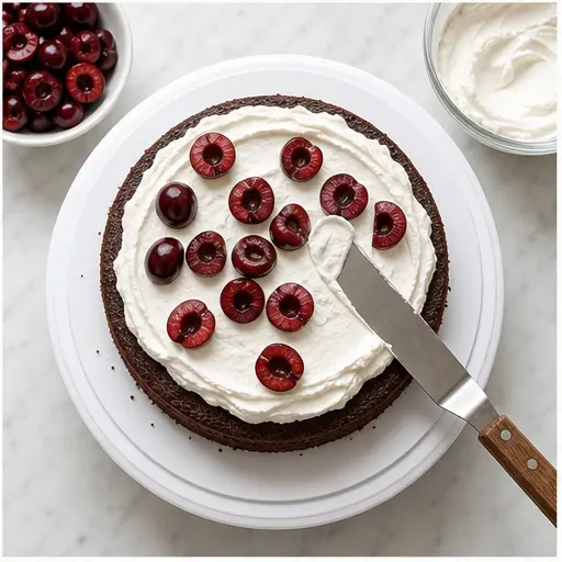 Step 4: Assembling layers with cream and cherries