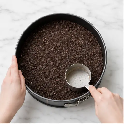 Step 1: Pressing cookie crust into pan