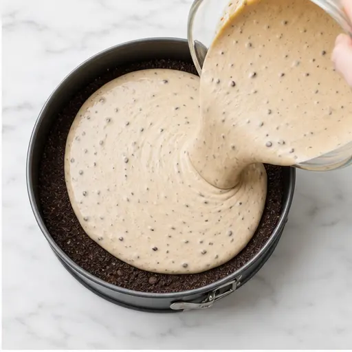 Step 2: Pouring cheesecake batter over crust