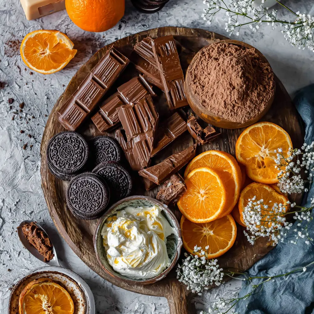 chocolate orange cheesecake cake - main ingredients