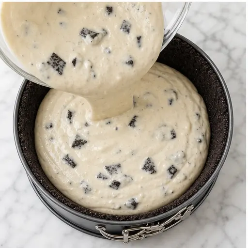 Step 3: Pouring cheesecake batter with Oreo chunks